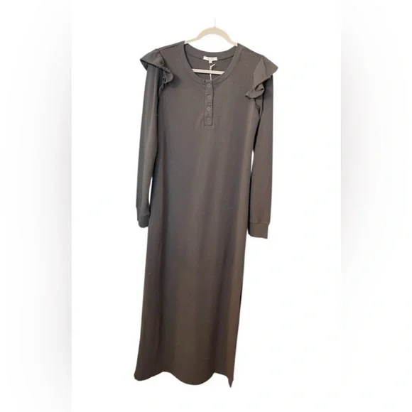 REVOLVE Z Supply NWT Ruffle Henley Maxi Dress Charcoal Gray Long Sleeve, Medium. - Picture 8 of 14
